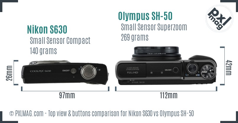 Nikon S630 vs Olympus SH-50 top view buttons comparison