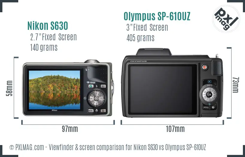 Nikon S630 vs Olympus SP-610UZ Screen and Viewfinder comparison