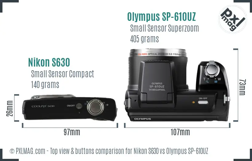 Nikon S630 vs Olympus SP-610UZ top view buttons comparison