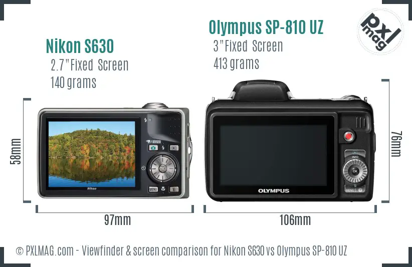 Nikon S630 vs Olympus SP-810 UZ Screen and Viewfinder comparison
