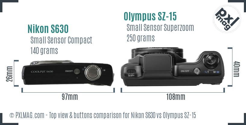 Nikon S630 vs Olympus SZ-15 top view buttons comparison