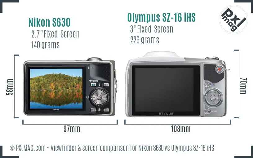 Nikon S630 vs Olympus SZ-16 iHS Screen and Viewfinder comparison