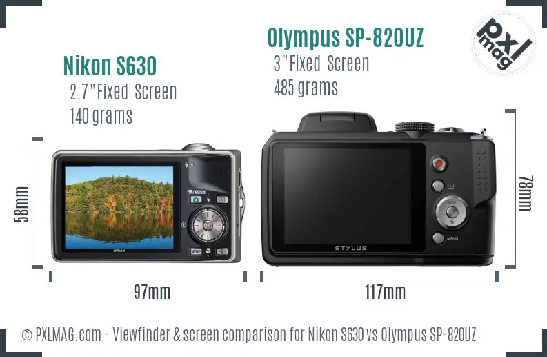 Nikon S630 vs Olympus SP-820UZ Screen and Viewfinder comparison