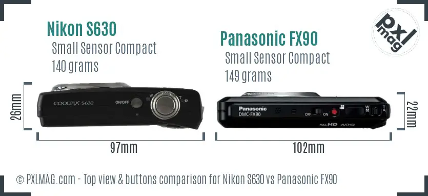 Nikon S630 vs Panasonic FX90 top view buttons comparison Nikon S630 vs Panasonic FX90 top view buttons comparison