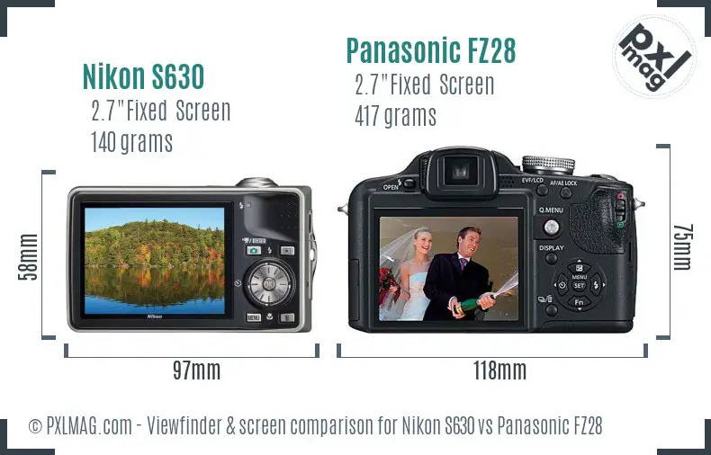 Nikon S630 vs Panasonic FZ28 Screen and Viewfinder comparison