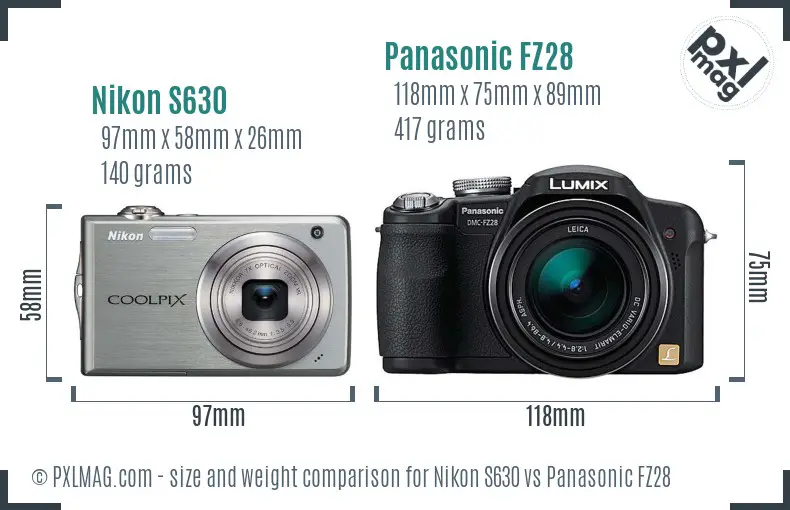 Nikon S630 vs Panasonic FZ28 size comparison