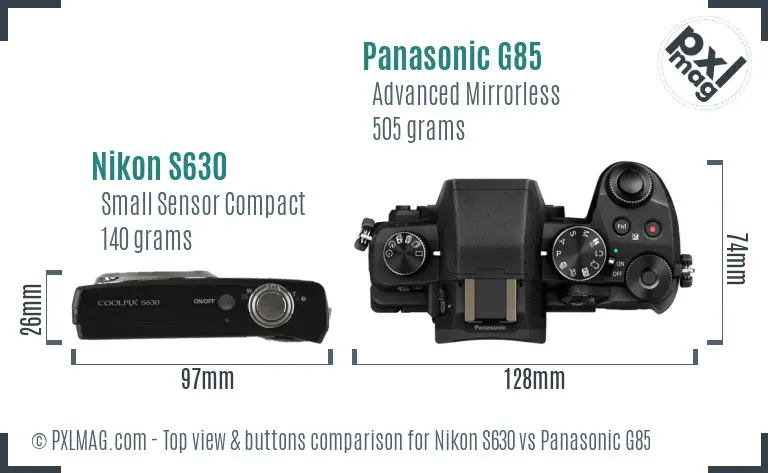 Nikon S630 vs Panasonic G85 top view buttons comparison