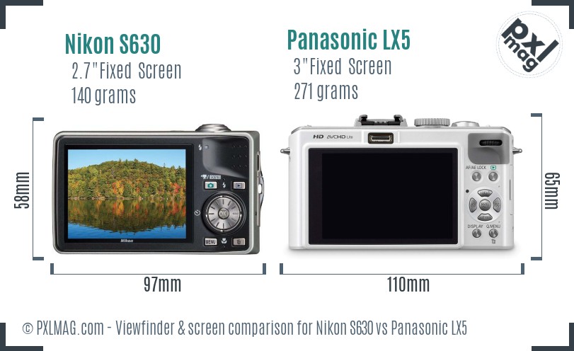 Nikon S630 vs Panasonic LX5 Screen and Viewfinder comparison