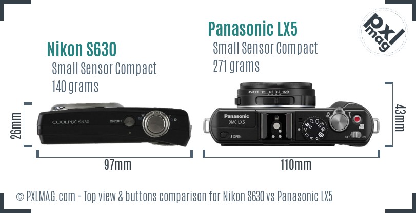 Nikon S630 vs Panasonic LX5 top view buttons comparison