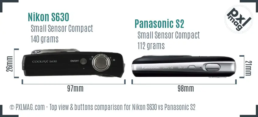 Nikon S630 vs Panasonic S2 top view buttons comparison Nikon S630 vs Panasonic S2 top view buttons comparison