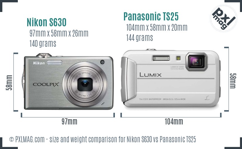 Nikon S630 vs Panasonic TS25 size comparison
