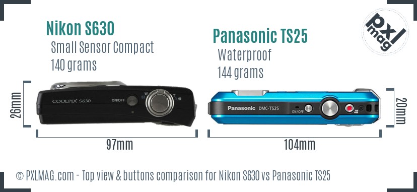 Nikon S630 vs Panasonic TS25 top view buttons comparison