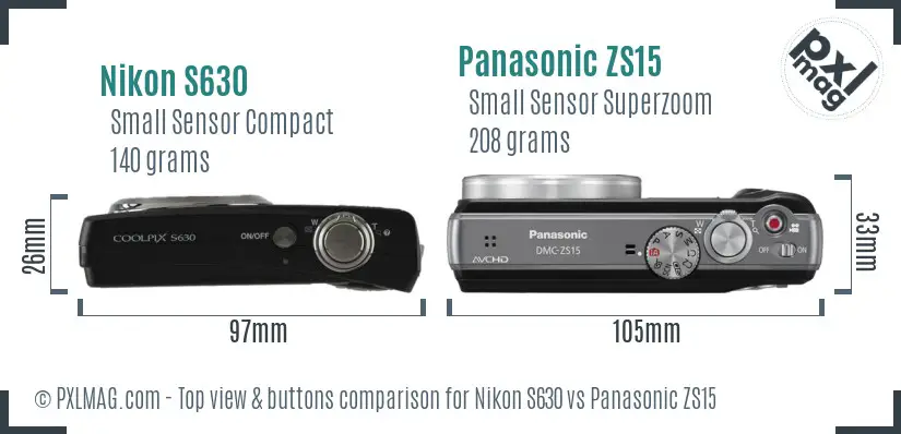 Nikon S630 vs Panasonic ZS15 top view buttons comparison Nikon S630 vs Panasonic ZS15 top view buttons comparison