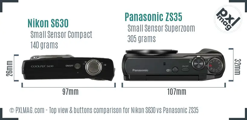 Nikon S630 vs Panasonic ZS35 top view buttons comparison Nikon S630 vs Panasonic ZS35 top view buttons comparison