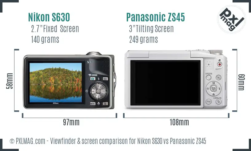 Nikon S630 vs Panasonic ZS45 Screen and Viewfinder comparison