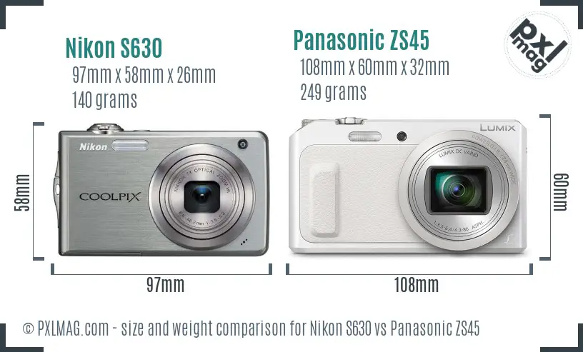 Nikon S630 vs Panasonic ZS45 size comparison