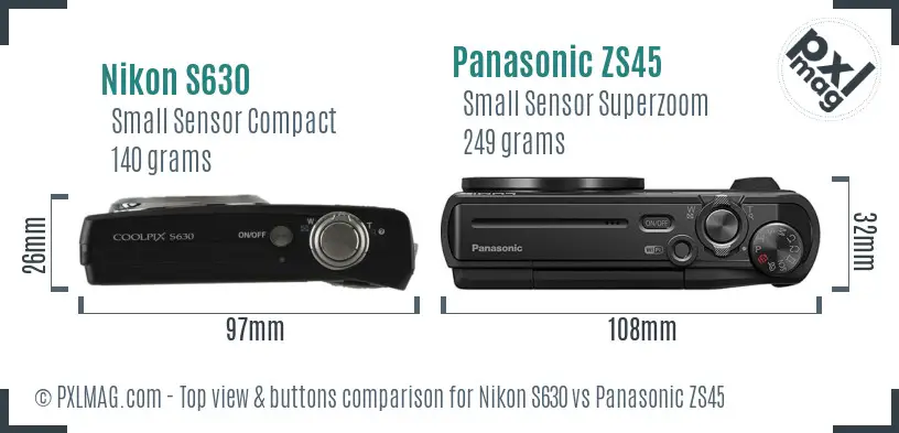 Nikon S630 vs Panasonic ZS45 top view buttons comparison