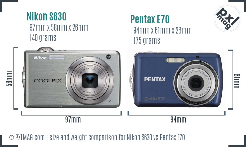 Nikon S630 vs Pentax E70 size comparison