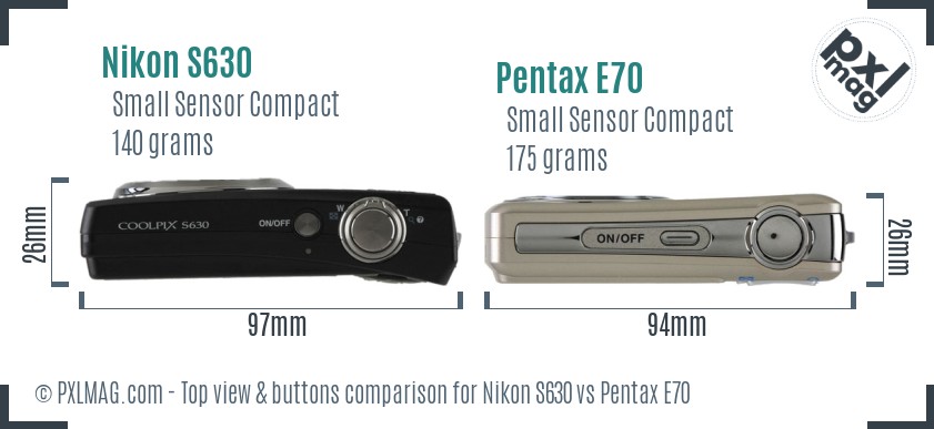 Nikon S630 vs Pentax E70 top view buttons comparison