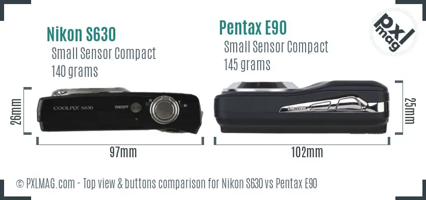 Nikon S630 vs Pentax E90 top view buttons comparison