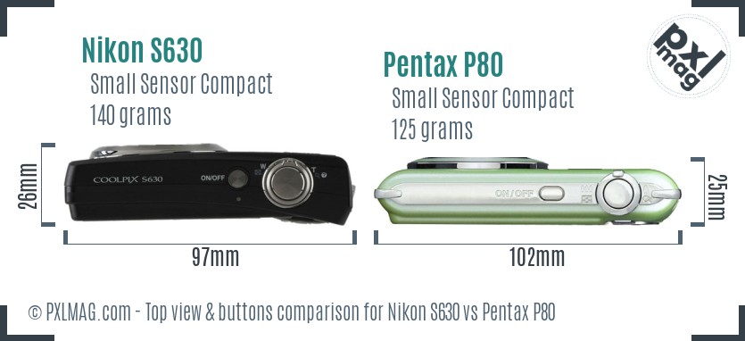 Nikon S630 vs Pentax P80 top view buttons comparison