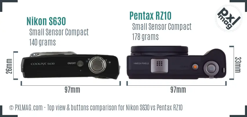 Nikon S630 vs Pentax RZ10 top view buttons comparison