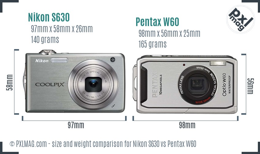 Nikon S630 vs Pentax W60 size comparison