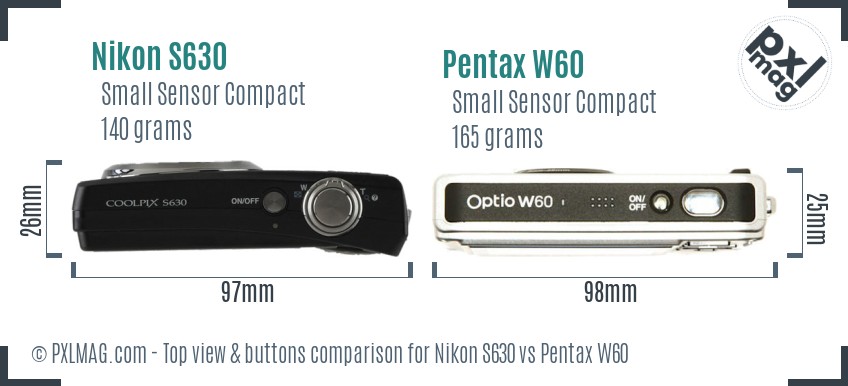Nikon S630 vs Pentax W60 top view buttons comparison