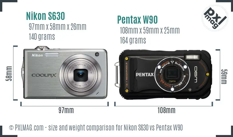 Nikon S630 vs Pentax W90 size comparison