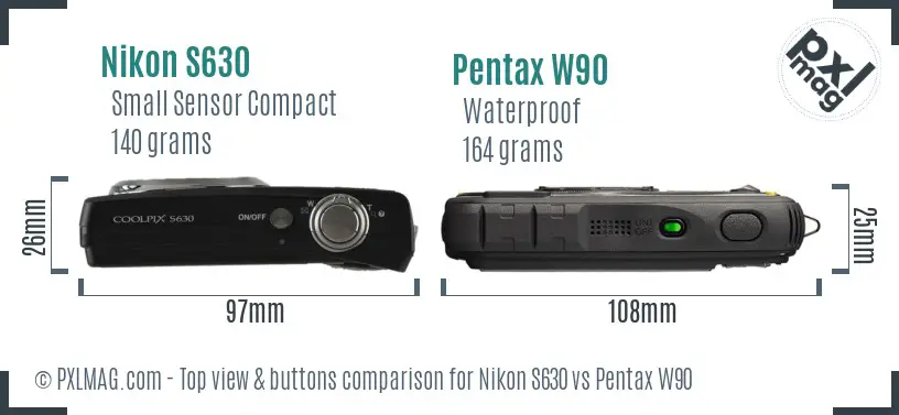 Nikon S630 vs Pentax W90 top view buttons comparison