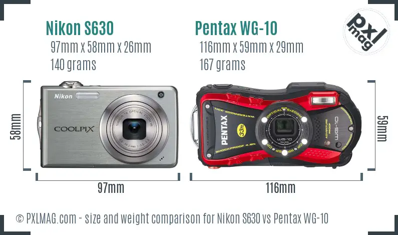 Nikon S630 vs Pentax WG-10 size comparison