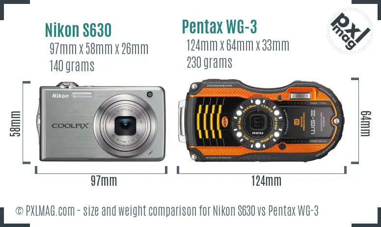 Nikon S630 vs Pentax WG-3 size comparison