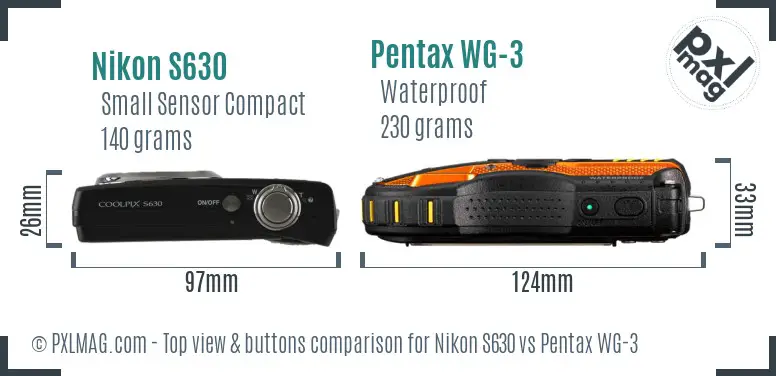 Nikon S630 vs Pentax WG-3 top view buttons comparison