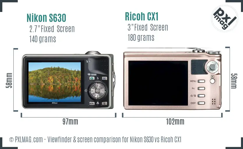 Nikon S630 vs Ricoh CX1 Screen and Viewfinder comparison