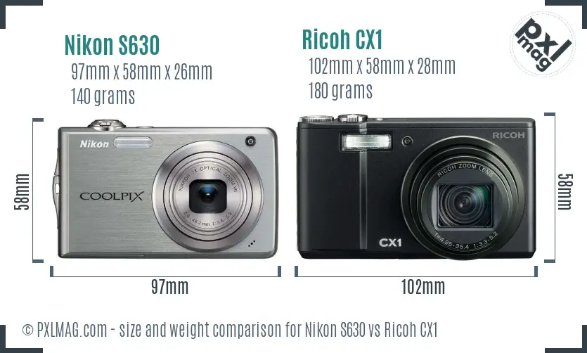 Nikon S630 vs Ricoh CX1 size comparison