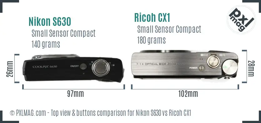 Nikon S630 vs Ricoh CX1 top view buttons comparison