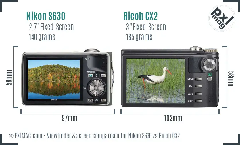 Nikon S630 vs Ricoh CX2 Screen and Viewfinder comparison