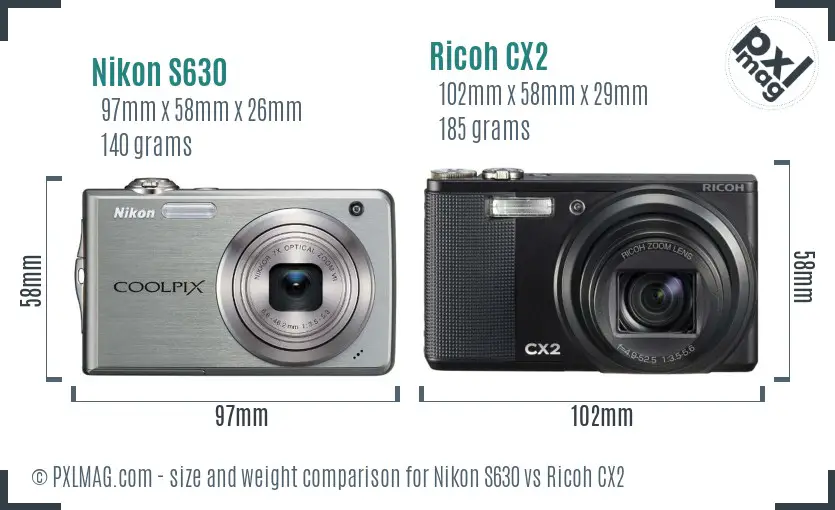 Nikon S630 vs Ricoh CX2 size comparison