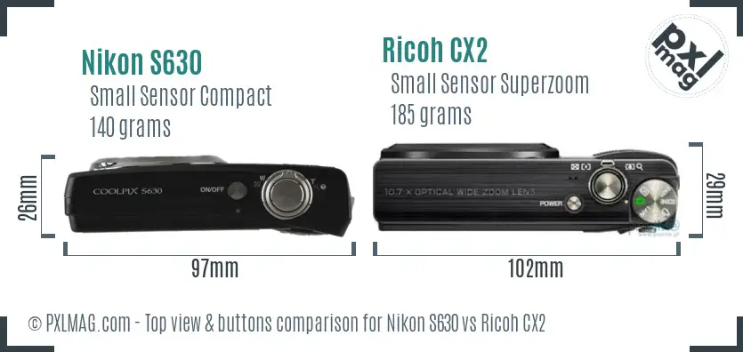 Nikon S630 vs Ricoh CX2 top view buttons comparison
