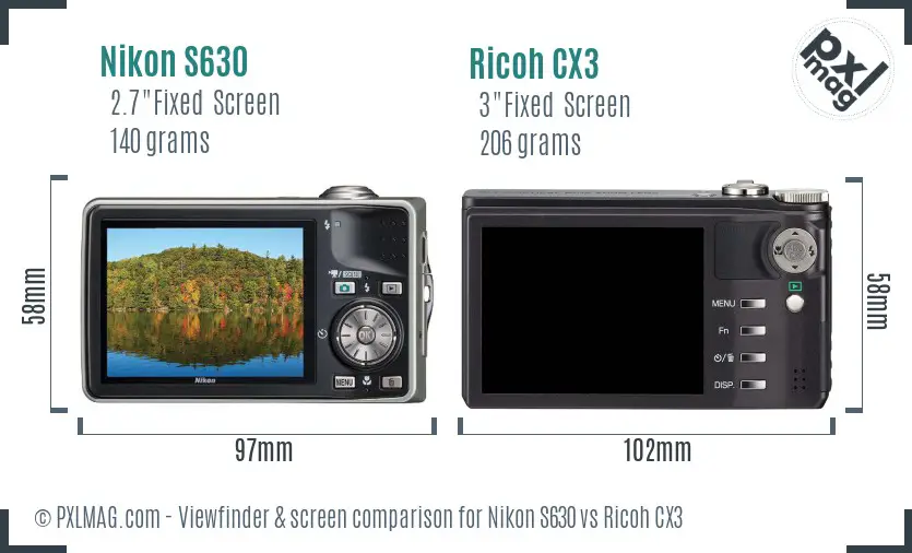 Nikon S630 vs Ricoh CX3 Screen and Viewfinder comparison