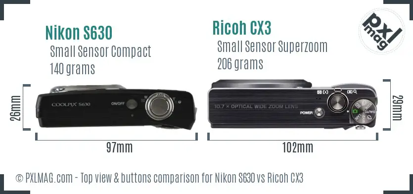 Nikon S630 vs Ricoh CX3 top view buttons comparison