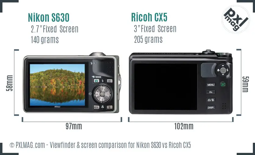 Nikon S630 vs Ricoh CX5 Screen and Viewfinder comparison