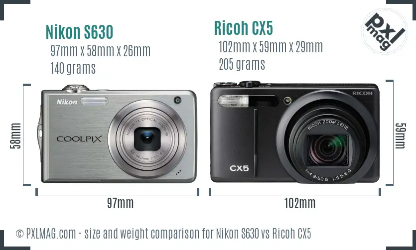 Nikon S630 vs Ricoh CX5 size comparison