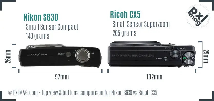 Nikon S630 vs Ricoh CX5 top view buttons comparison