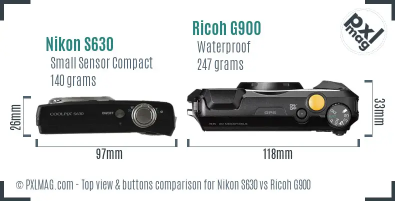 Nikon S630 vs Ricoh G900 top view buttons comparison