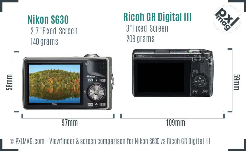 Nikon S630 vs Ricoh GR Digital III Screen and Viewfinder comparison