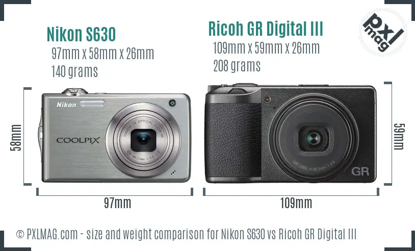 Nikon S630 vs Ricoh GR Digital III size comparison