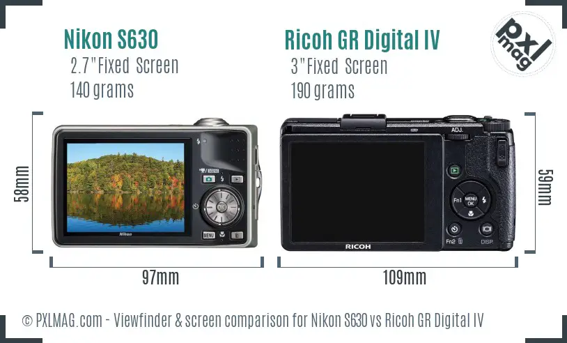 Nikon S630 vs Ricoh GR Digital IV Screen and Viewfinder comparison