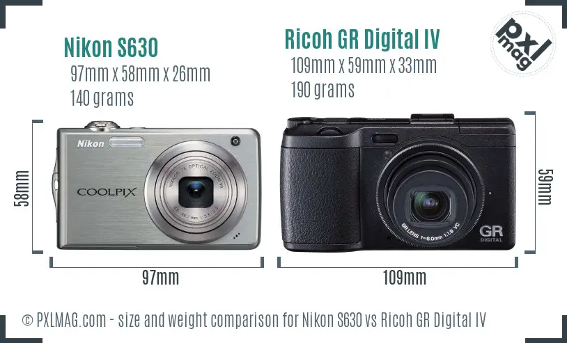 Nikon S630 vs Ricoh GR Digital IV size comparison