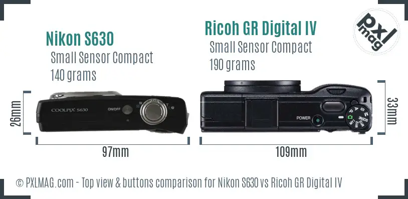 Nikon S630 vs Ricoh GR Digital IV top view buttons comparison